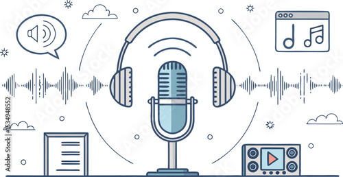 Modern podcast and audio production icon set recording, sound waves, and digital editing visuals in clean line style.