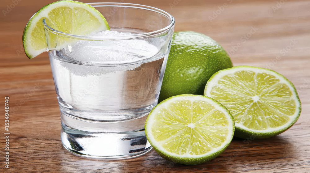Fresh lime, glass of water, sliced lime, refreshing drink, citrus fruit, wooden table, healthy beverage, hydration, summer drink, natural flavor Fresh lime, glass of water, sliced lime, refreshing drink, citrus fruit, wooden table, healthy beverage, hydration, summer drink, natural flavor