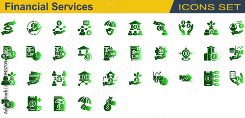 Financial Services Icon Set. Containing Bank,Budgeting,Business Report,Card Payment,Credit Union,Crowdfunding,Debt,Deposit,Financial Advisor,Financial Statement,Fintech. Solid Gradient Style