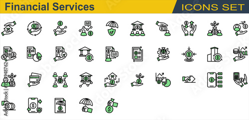 Financial Services Icon Set. Containing Bank,Budgeting,Business Report,Card Payment,Credit Union,Crowdfunding,Debt,Deposit,Financial Advisor,Financial Statement,Fintech. Outline Color Lineal Style