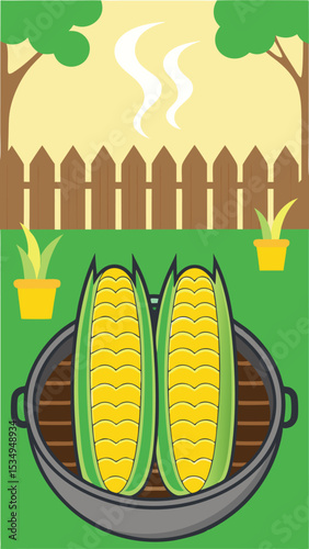 Colorful illustration of grilled corn on the cob with backyard and trees for summer