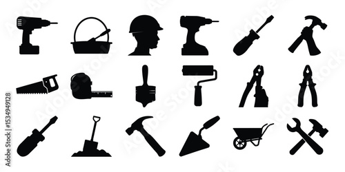 Construction tools icons silhouette isolated on white background