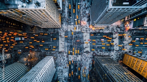 Aerial View of a Bustling New York City Intersection at Dusk: A Symphony of Yellow Cabs and Towering Skyscrapers