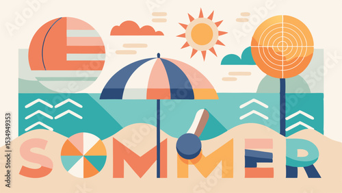 Colorful sommer text beach scene with umbrella sun and playful summer elements