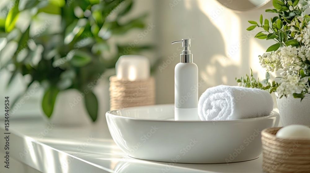 Dispenser bottle on white bathroom sink counter, clean product packaging mockup for soap, lotion or Dispenser bottle on white bathroom sink counter, clean product packaging mockup for soap, lotion or