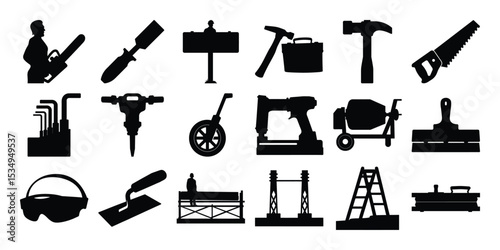 Construction tools icons silhouette isolated on white background