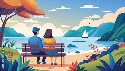 Couple sitting on a bench admiring serene coastal landscape and sailboat