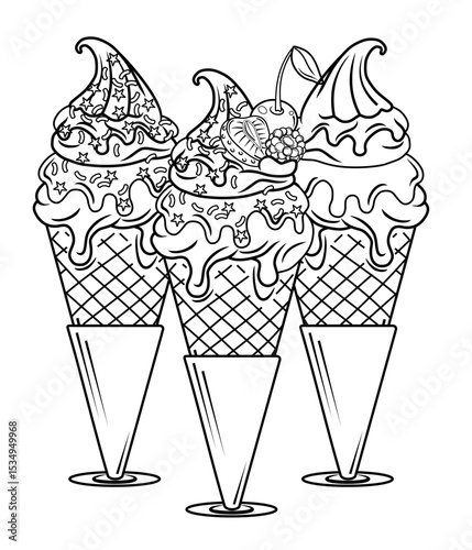Three scoop ice cream cones and various flavors are served