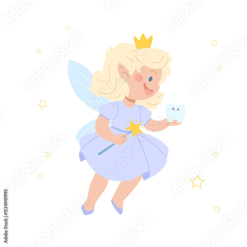 Cute tooth fairy with a baby tooth. Fairytale character for children. Caring for baby teeth