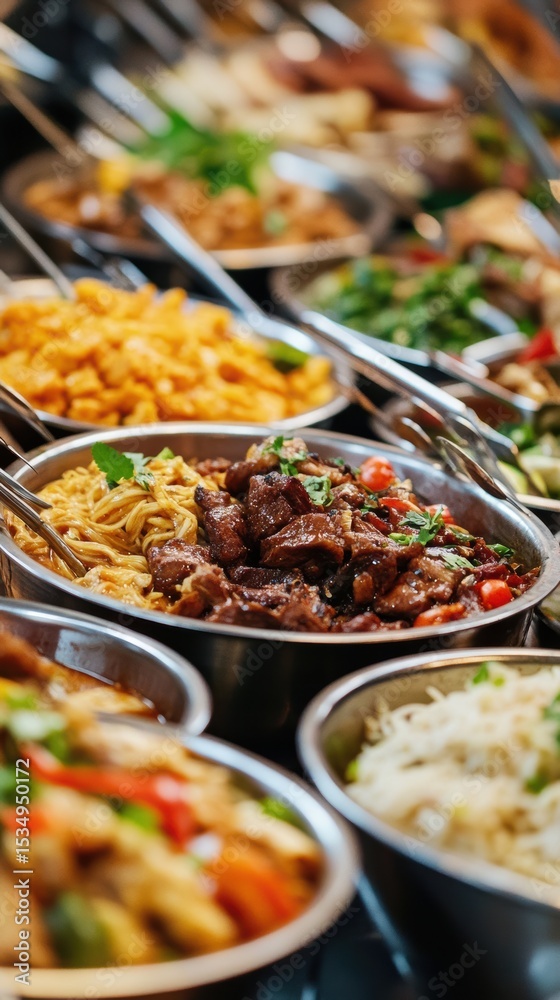 Obraz premium A Diverse Array of Delicious Asian Cuisine Buffet Dishes Ready to Serve