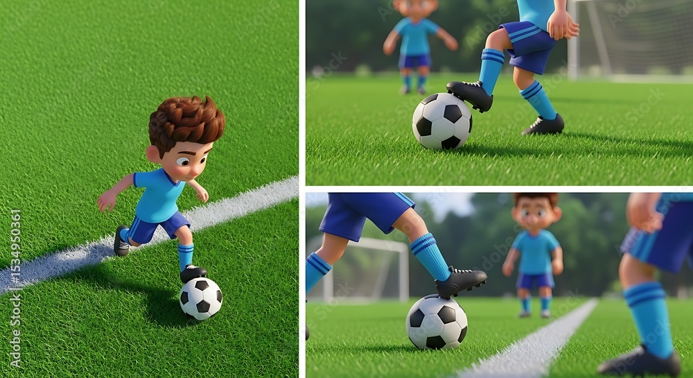 Obraz premium Cartoon Boy Playing Soccer on Green Field Collage