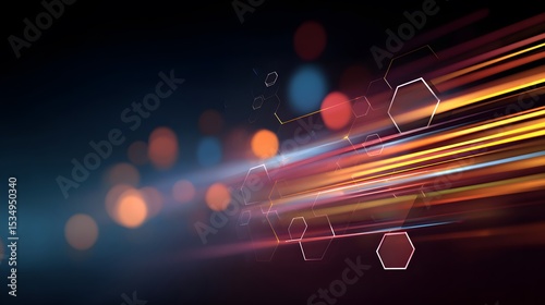 Abstract Light Trails with Hexagon Shapes in Dark Background for Technology and Futuristic Design