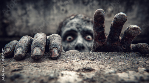 Skeletons rising from open graves on Halloween night  
