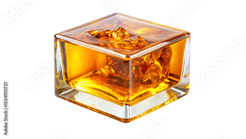 Amber Liquid in a Clear Glass Cube isolated on white background