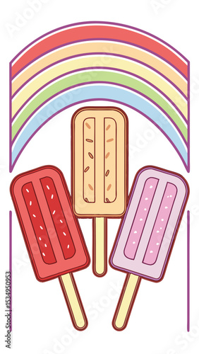 Delightful rainbow popsicles with cartoon aesthetic suitable for summer and childish designs