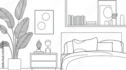 Interior line drawing of a bedroom with a plant and bookshelves.