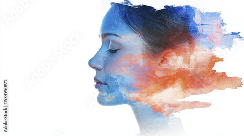 Artistic portrait of woman with colorful abstract background, expressing creativity and emotion through vibrant hues and soft features