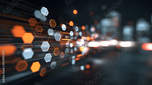 Abstract Digital Data Network with Hexagon Shapes in Motion in Futuristic Technology Style