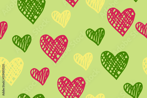 Red green yellow hearts vector seamless pattern