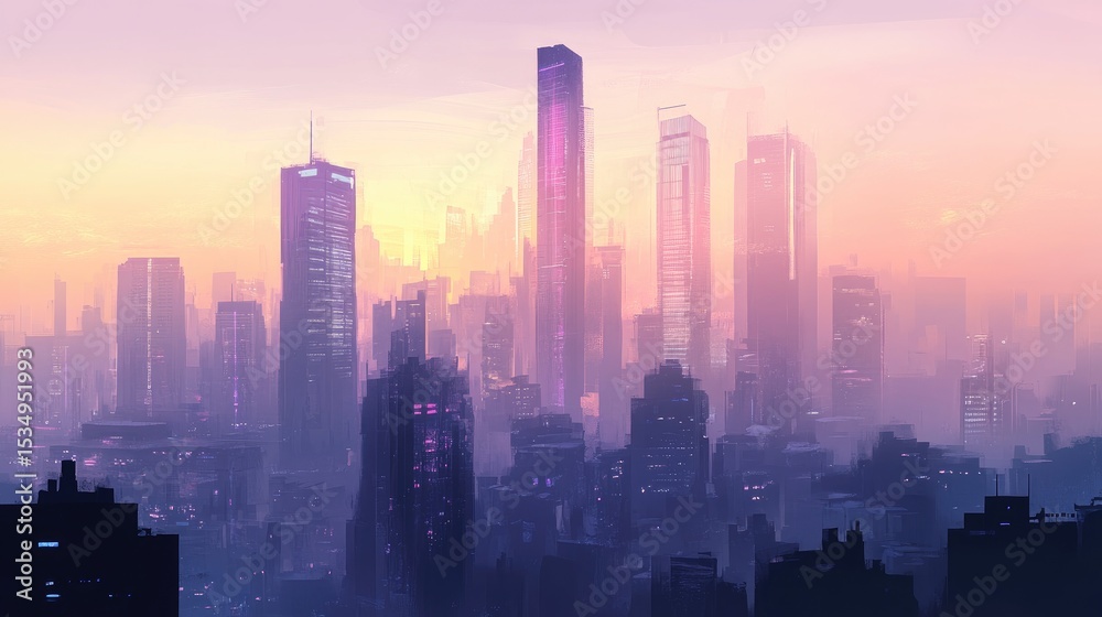 Fototapeta premium Futuristic Urban Landscape at Dusk with Skyscrapers Shrouded in Mist and Soft Neon Glow Under a Purple Sky