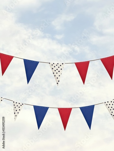 Red, white and blue party flags strung on a line convey a festive spirit, perfect for celebrations.