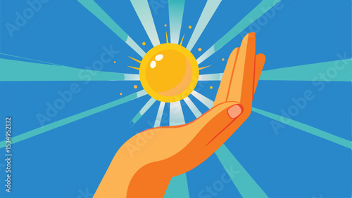 Hand reaching for the bright sun depicted in a clean and colorful vector design