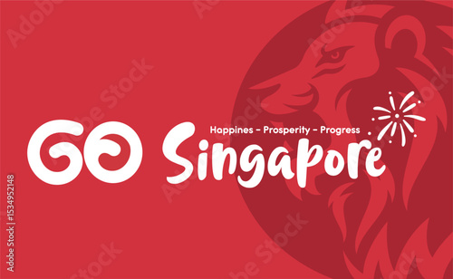 Go Singapore or Majulah Singapura poster design with lion head silhouette background. Best for Singapore National Day 2025 celebration banner, background, flyer, greeting and template. 