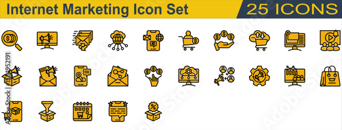 Internet Marketing Icon Set. Containing Affiliate Marketing,Commission,Cpa,Ecommerce,Email Marketing,Feedback,Internet,Keyword,Marketing Automation. Solid Color Lineal Style