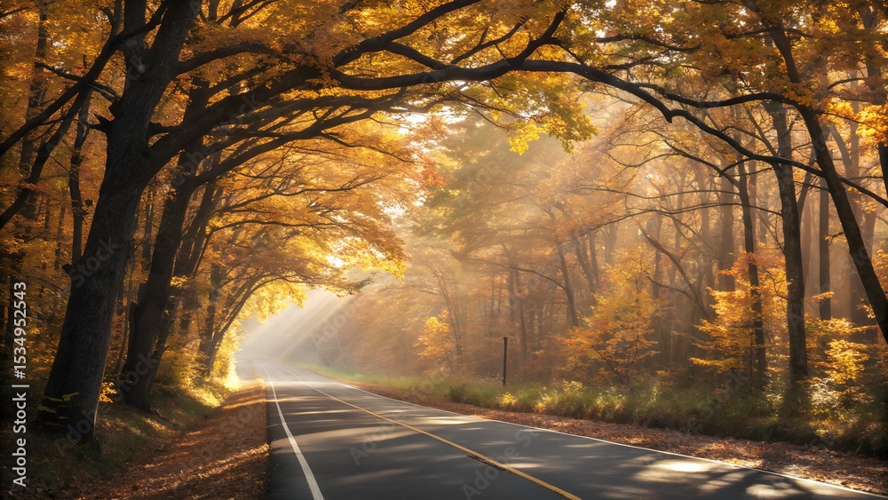 Fototapeta premium Autumn road through golden forest sunbeams mist