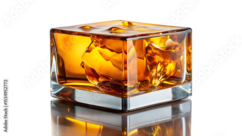 Amber Liquid in a Clear Glass Cube isolated on white background