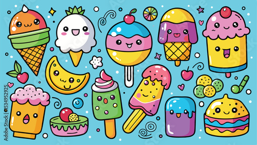 Kawaii ice cream desserts set collection on transparent background for design projects