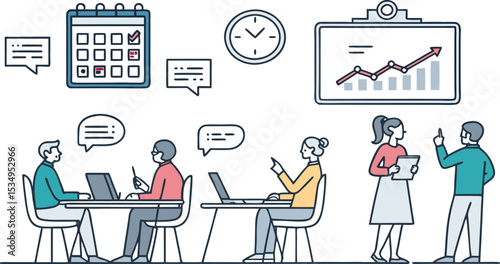 Team Collaboration Icon Set Flat Line Style of Discussion, Brainstorming, Video Call, Agenda Board, and Time Schedule on White.
