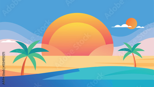Minimalist illustration of a tropical beach landscape with palm trees and sunset