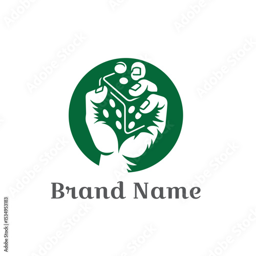Dice in clenched hand design vector logo symbol illustration.