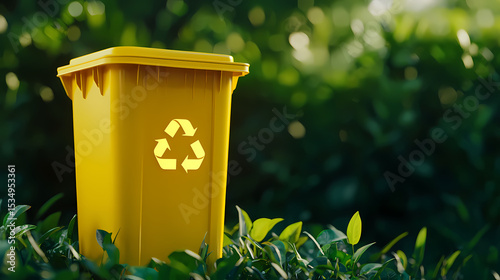 Wallpaper Mural A yellow recycling bin stands among green foliage, symbolizing environmental conservation and waste management. Torontodigital.ca