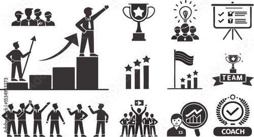 Black and white leadership icon set team management, success, motivation, and achievement symbols in flat vector style.