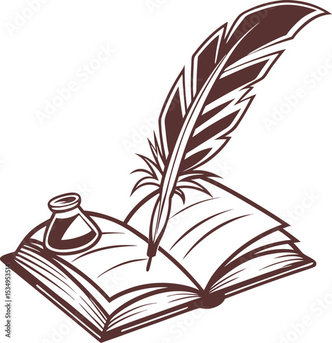 Vintage quill pen and inkwell on open book