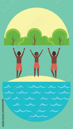 People enjoying summer at beach scene with trees and water illustration