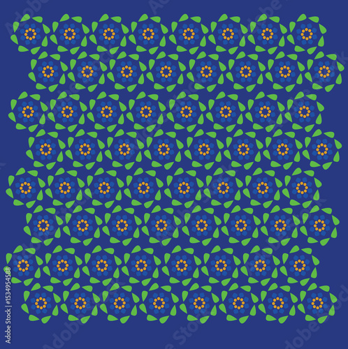 A seamless pattern of radiant blue flowers with green petals and orange centers, set against a deep blue background. Perfect symmetry.
