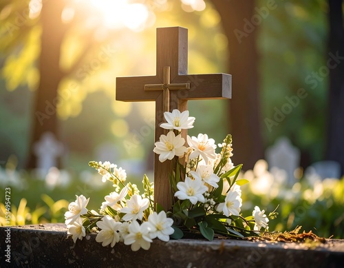 Cross with flowers in sunlit cemetery
