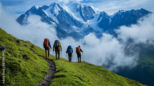 Team of Hikers conquering majestic mountainous landscape under cloudy sky