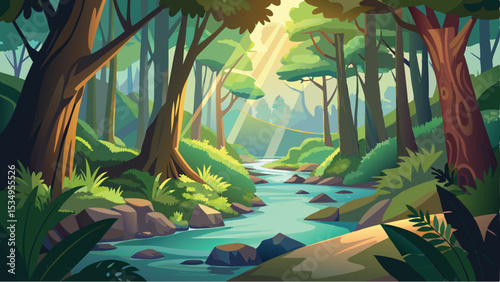 Serene forest landscape depicting a tranquil stream and lush vegetation illustration