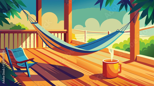 Serene scene of a relaxing hammock on a wooden deck with coffee cup and chair