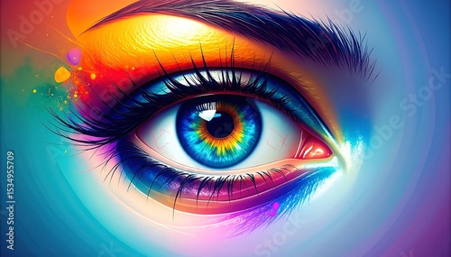 A vibrant, multicolored eye featuring striking hues of blue, green, and gold, with intricate patterns and a glossy finish that captures light beautifully.