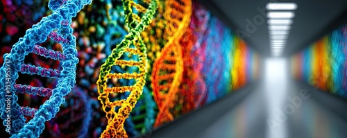 Chemotherapy effect diagnosis and discovery in oncology concept. Colorful DNA artwork in a modern scientific hallway.