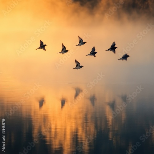 A flock of birds soars over a tranquil, misty lake at sunrise.  Silhouette birds in flight against a golden sunrise sky reflected in the water