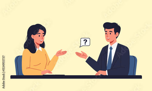 Business Communication and Questioning. An illustration of a man and a woman in business attire, seated at a table and engaged in conversation.