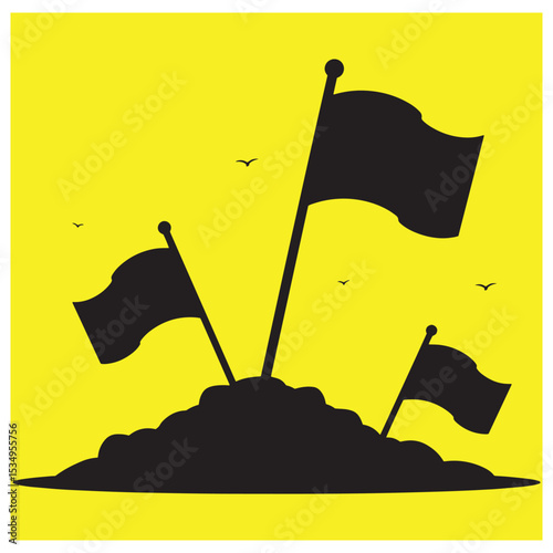 Black flags waving on a hilltop silhouetted against a bright yellow background