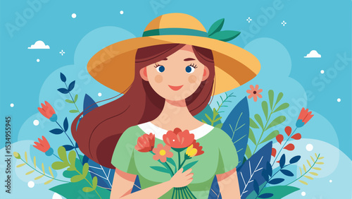 Smiling woman with bouquet of flowers and sun hat on a transparent background
