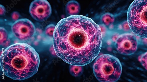 Immune response discovery and treatment mechanism concept. Abstract view of glowing cells showcasing intricate biological details.